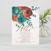 秋ラブモダンティール（緑がかった色）オ結婚レンジブライダルシャワー 招待状 (スタンド正面)