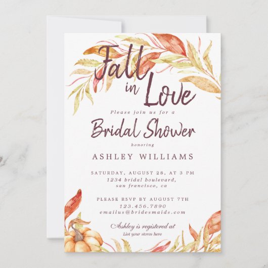 秋ラブ金ゴールドブロージブルゴーニュブライダルシャワー 招待状 (正面)