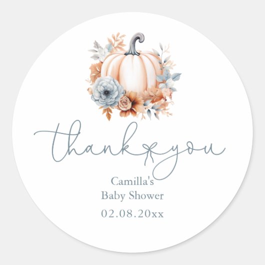 秋リトルカボチャ男の子の赤ちゃんシャワーありがとう ラウンドシール (正面)