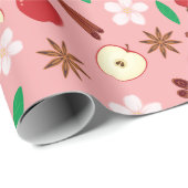 秋リンゴとシナモンかわいいピンク秋シームレス ラッピングペーパー (ロールコーナー)