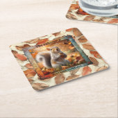 秋リーフおもしろいリス紙コースター スクエアペーパーコースター (アングル)