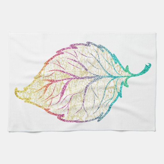 秋リーフエレガントかわいいパステルピンクティール（緑がかった色）金ゴールド キッチンタオル (横)