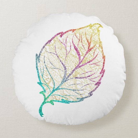 秋リーフエレガントかわいいパステルピンクティール(緑がかった色)金ゴールド ラウンドクッション (正面)