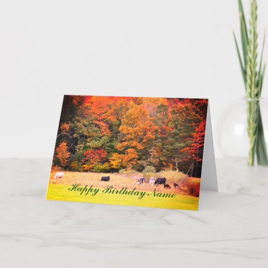 秋リーフ牛フィールドパーソナライズされた誕生日カード カード (正面)