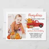 秋レッドトラックカボチャ誕生日と写真 招待状 (正面)