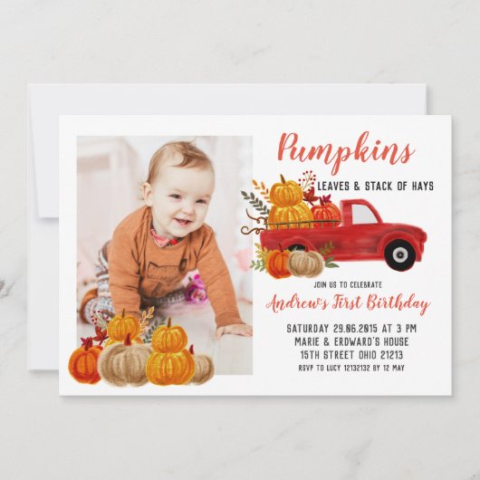 秋レッドトラックカボチャ誕生日と写真 招待状 (正面)