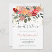 秋レトロフローラ水色金ゴールドsweet sixteen 招待状 (正面)
