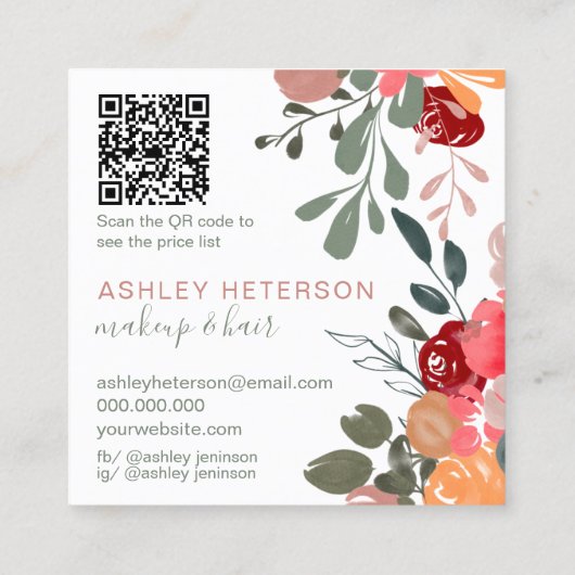 秋レトロBohoフローラqrコードロゴヘアメイクアップ スクエア名刺 (裏面)