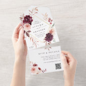 秋ロマンス金ゴールド幾何結婚QRコード オールインワン招待状 (貼ってはがせる)