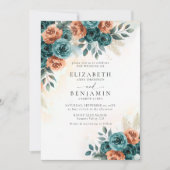 秋ロマンチックティール（緑がかった色）バーントオレンジフローラ結婚ズ 招待状 (正面)