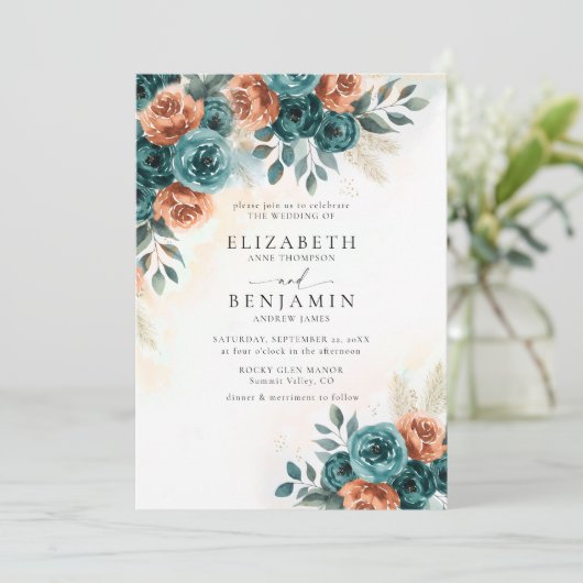 秋ロマンチックティール(緑がかった色)バーントオレンジフローラ結婚ズ 招待状 (スタンド正面)