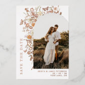 秋ワイルドフラワーアーチフォトウェディング日付を保存 箔招待状 (正面)
