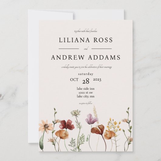 秋ワイルドフラワーウォーター結婚式招待状 招待状 (正面)