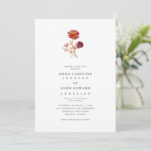 秋ワイルドフラワーオレンジピンクフローラ秋結婚の 招待状 (スタンド正面)