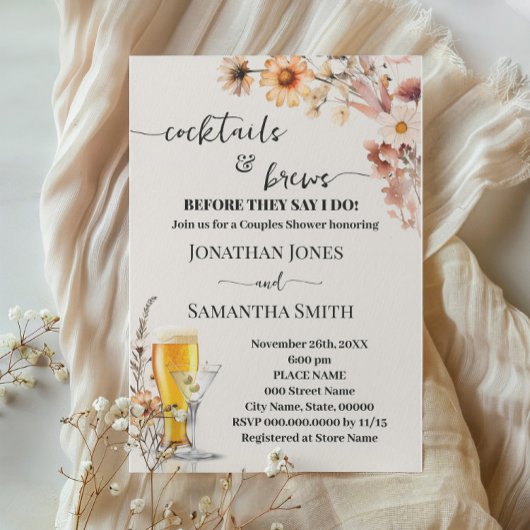 秋ワイルドフラワーカクテル&ブライトカップルのシャワー 招待状