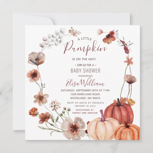秋ワイルドフラワーカボチャは途中ベビースワーシャワー 招待状 (正面)
