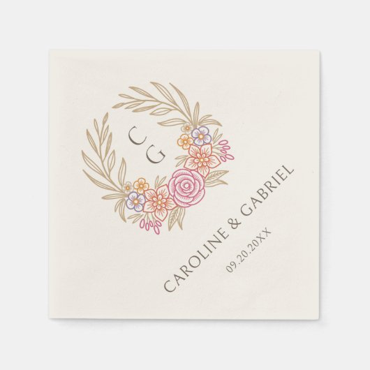 秋ワイルドフラワークレストリースモノグラム結婚ズ スタンダードカクテルナプキン (正面)