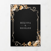 秋ワイルドフラワークレスト黒QRコー結婚ド 三つ折り招待状 (カバー)