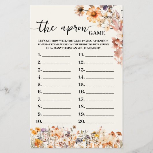 秋ワイルドフラワーズザエプロンブライダルシャワーゲームカード チラシ (正面)
