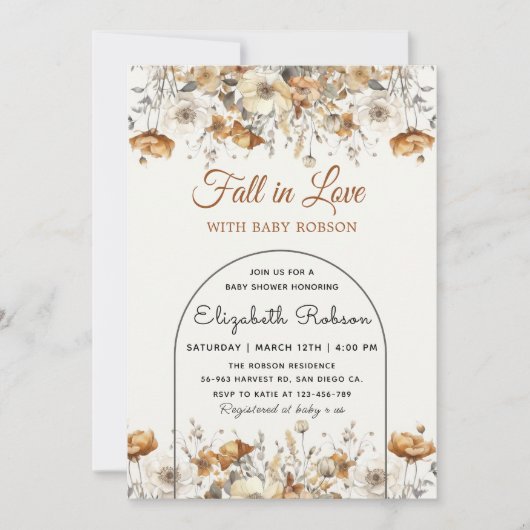 秋ワイルドフラワーテラコッタ秋の赤ちゃんシャワー 招待状 (正面)