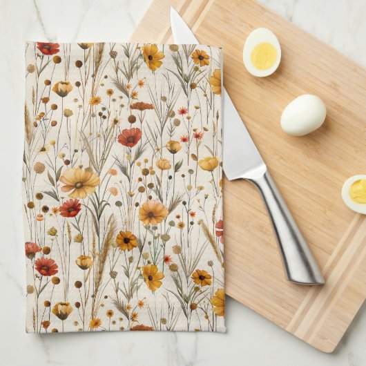 秋ワイルドフラワーパターン – 秋のフローラ キッチンタオル (四つ折り)