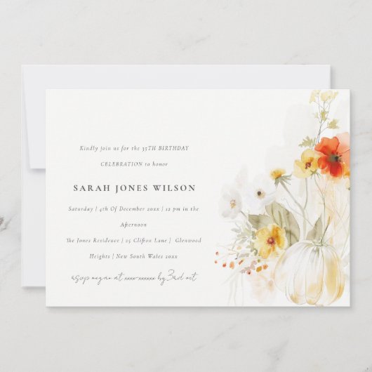 秋'ワイルドフラワーパンプキンウォーターカラー誕生日 招待状 (正面)