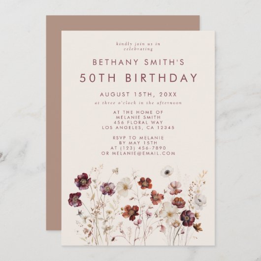 秋ワイルドフラワーフィールド誕生日パーティー 招待状 (正面/裏面)