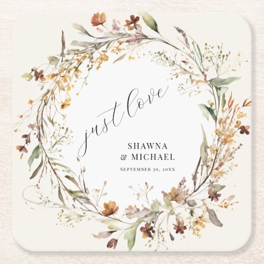 秋ワイルドフラワーフローラ秋リースBOHO 結婚's スクエアペーパーコースター (正面)