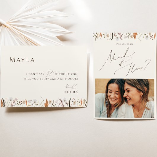 秋ワイルドフラワーベージュフォトメイド・オブ・オーナー(花嫁付き添い人)カード 招待状