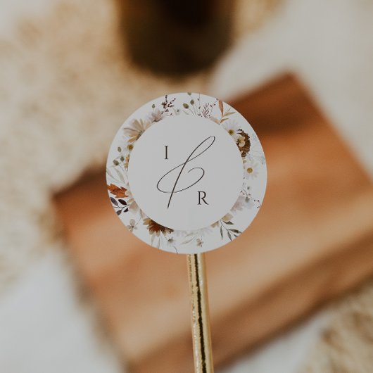 秋ワイルドフラワーベージュモノグラム封筒用シール ラウンドシール
