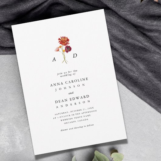 秋ワイルドフラワーボタニカルモノグラムQRコード結婚ズ 招待状