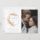 秋ワイルドフラワーモノグラムクレストQRフォト結婚ズ セーブザデート (正面)