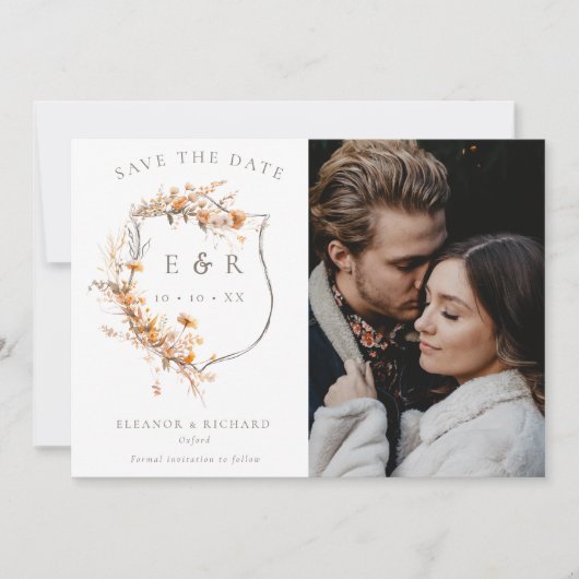 秋ワイルドフラワーモノグラムクレストQRフォト結婚ズ セーブザデート (正面)