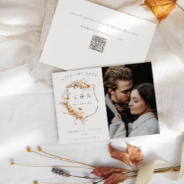 秋ワイルドフラワーモノグラムクレストQRフォト結婚ズ セーブザデート