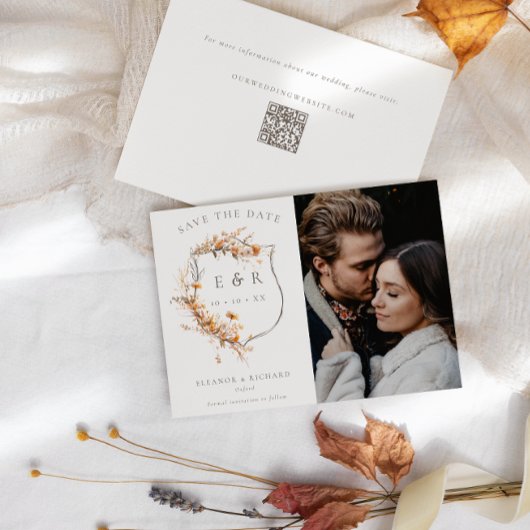 秋ワイルドフラワーモノグラムクレストQRフォト結婚ズ セーブザデート