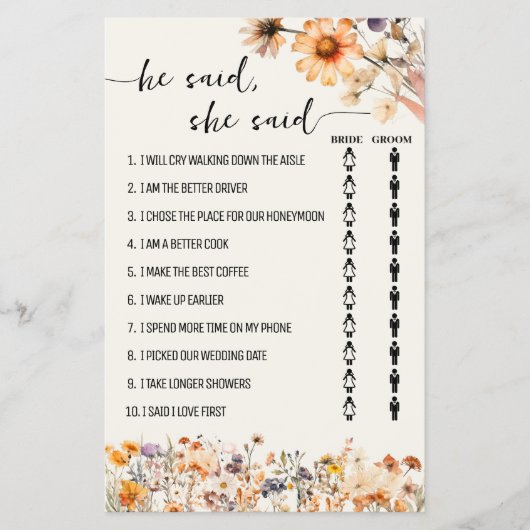 秋ワイルドフラワー彼は彼女はシャワーゲームカードを言った チラシ (正面)