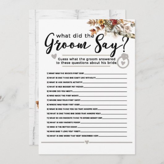 秋ワイルドフラワー樺の木ツリーブライダルシャワーゲーム 招待状 (正面/裏面)