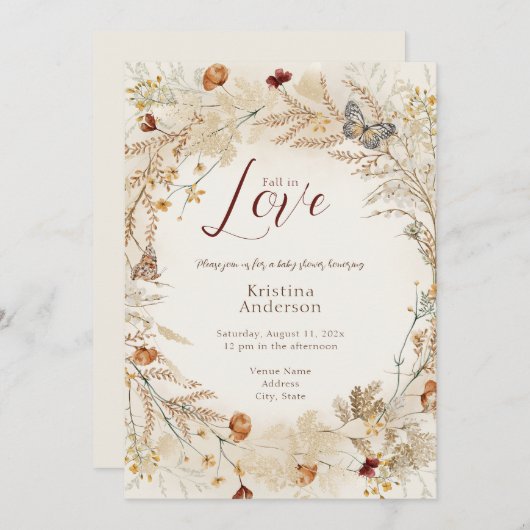 秋ワイルドフラワー秋の赤ちゃんシャワー 招待状 (正面/裏面)