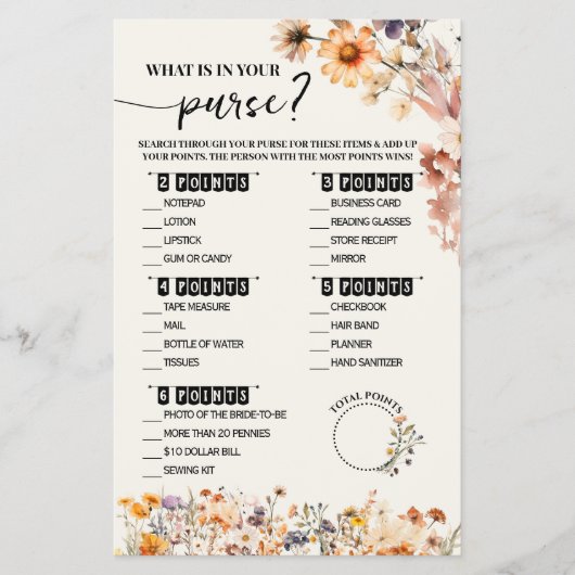 秋ワイルドフラワー財布シャワーゲームカードに入っているもの チラシ (正面)
