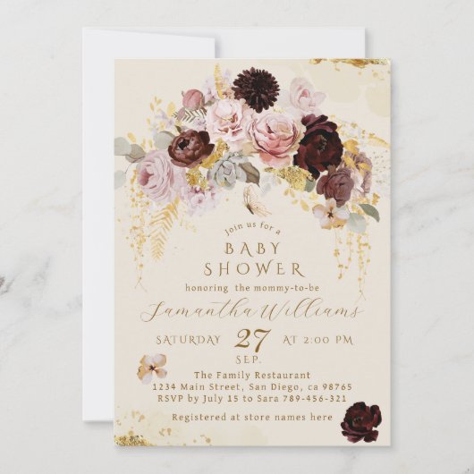 秋ワイルドフラワー金ゴールドフローラベビーガールシャワー 招待状 (正面)