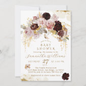 秋ワイルドフラワー金ゴールドフローラベビーガールシャワー 招待状 (正面)