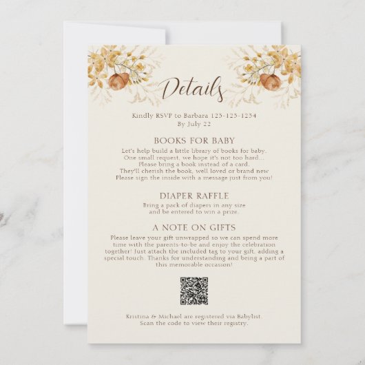 秋ワイルドフラワー1つの赤ちゃんシャワー 招待状 (裏面)