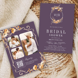 秋ワイルドフラワーQRコードダスティパープルブライダルシャワー 招待状