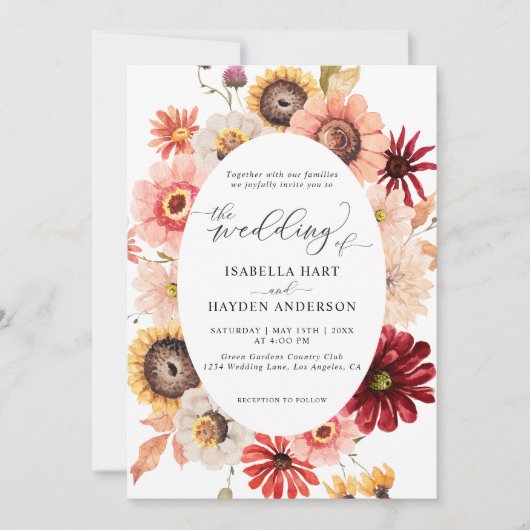 秋ワイルドフローラサンフラワーズ&ブルゴーニュ結婚ーズ 招待状 (正面)