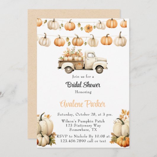 秋ヴィンテージトラックとカボチャブライダルシャワー 招待状 (正面/裏面)