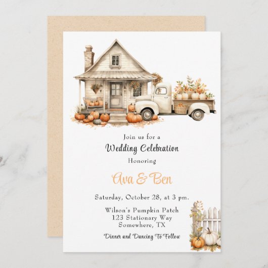 秋ヴィンテージトラックとパンプキンスハウス結婚ズ 招待状 (正面/裏面)