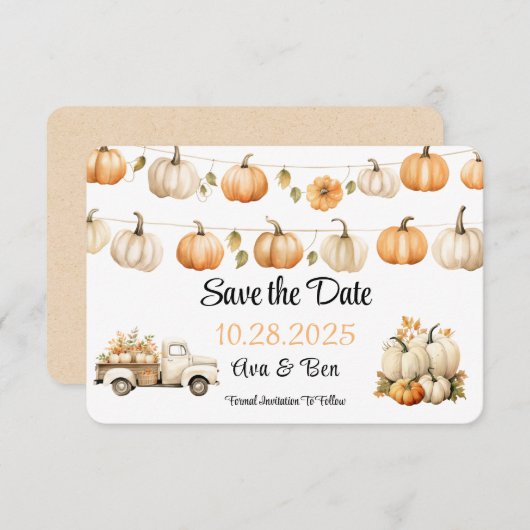 秋ヴィンテージトラックとパンプキンス結婚ズ セーブザデート (正面/裏面)