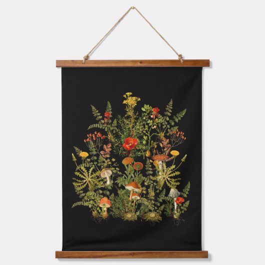 秋ヴィンテージ植物野草キノコ 吊り下げ型タペストリー (正面)
