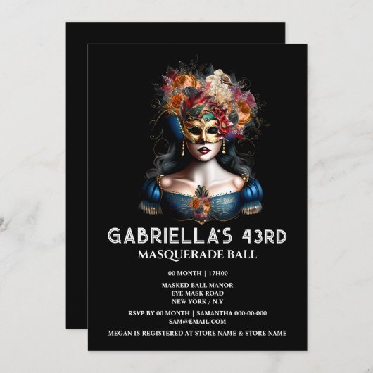 秋仮装ジプシーブルー金ゴールドカーニバル エレガント 招待状 (正面/裏面)