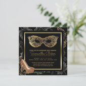 秋仮装パーティー | 黒金ゴールドの衣装ボール 招待状 (スタンド正面)